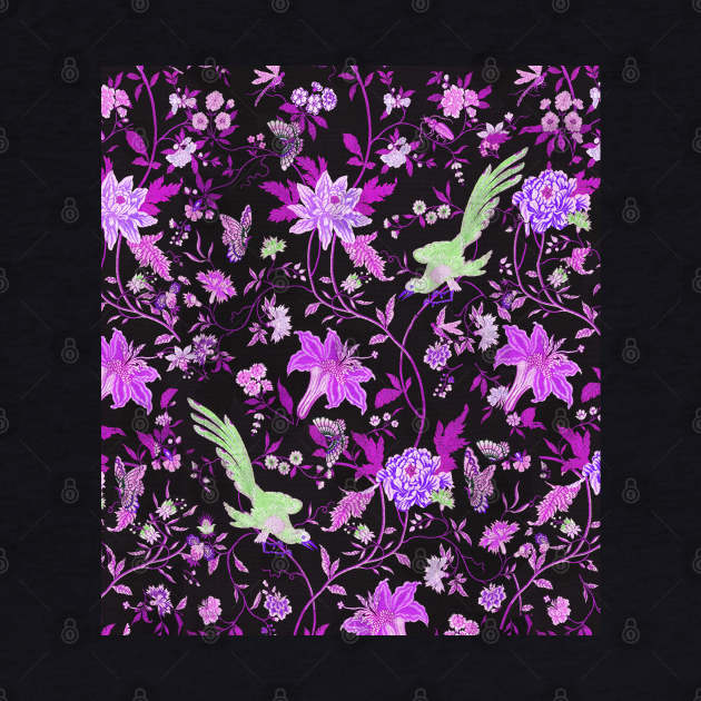 GREEN BIRDS,POMEGRANATE FLOWERS AND BUTTERFLIES Antique Purple Green Floral Pattern by BulganLumini